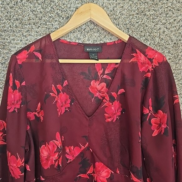 Lane Bryant Top Womens Plus 20 Burgundy Floral Print Sheer Blouse V Neck Ladies - Picture 4 of 7
